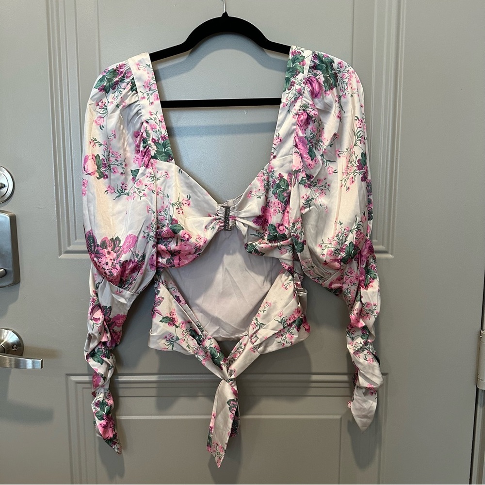 For Love & Lemons Palais Floral Crop Top Size Small Pink Long Sleeve - Picture 4 of 9